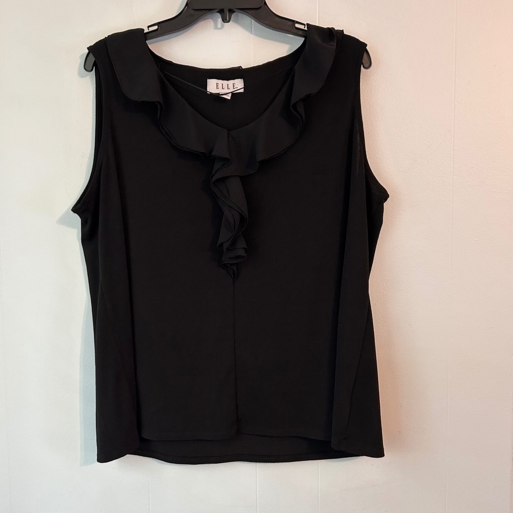 Elle Womens XL Black Ruffle Neck Sleeveless Mixed Media Blouse Top